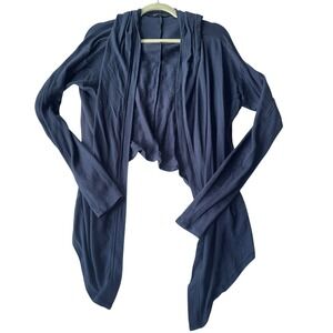 Womens Blue Drape Hooded Cardigan Waterfall Open Front Long Sleeve